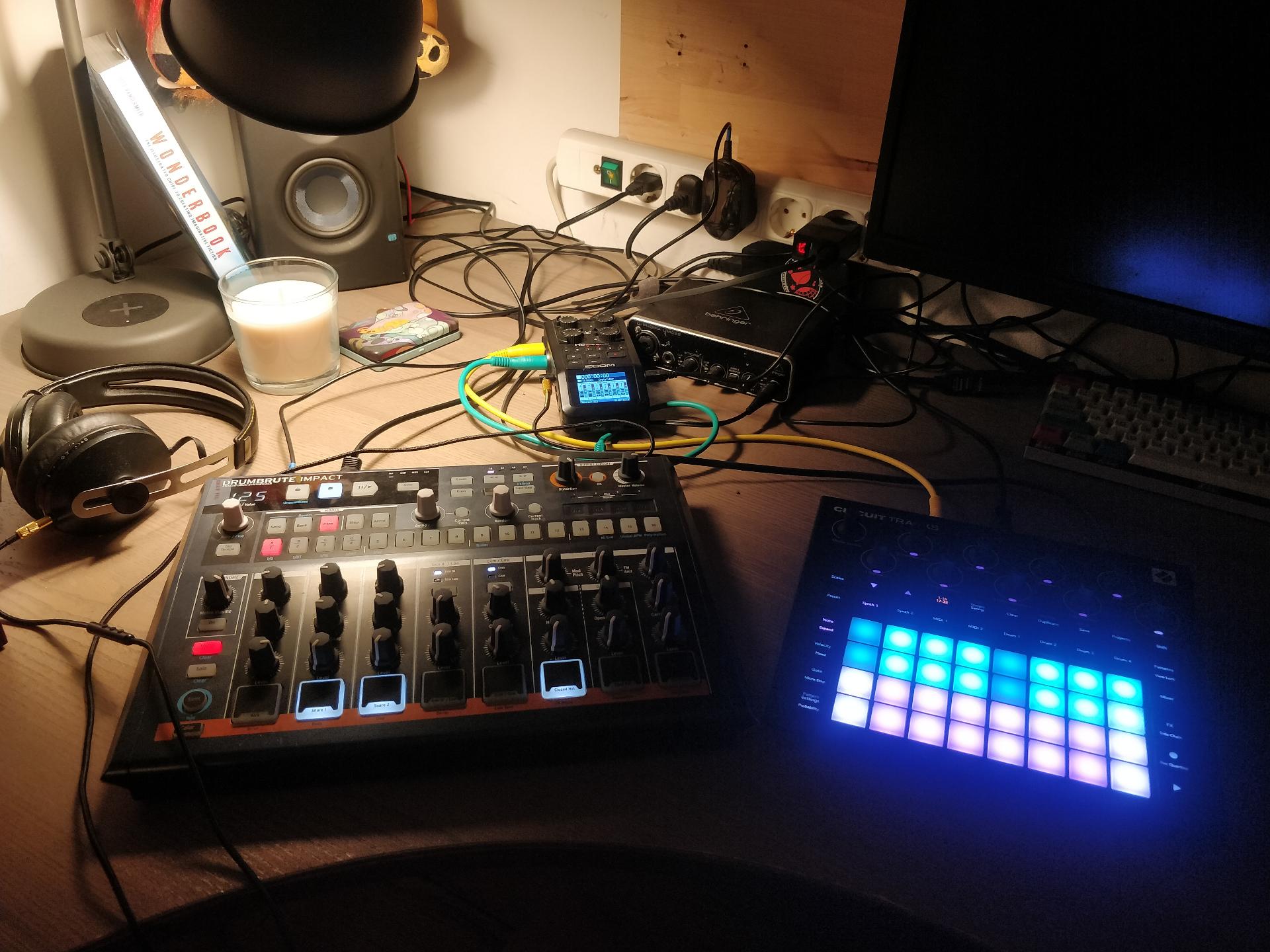 A picture of the Arturia Drumbrute Impact and Novation Circuit on my desk