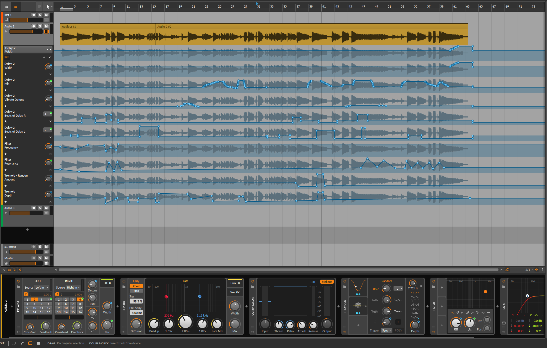 A screenshot of my DAW with an audio recording at the top, several layers of effects automations, and an effects chain at the bottom